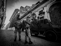 Soldiers guarding the historic center of L'Aquila City, on January 11, 2014. (