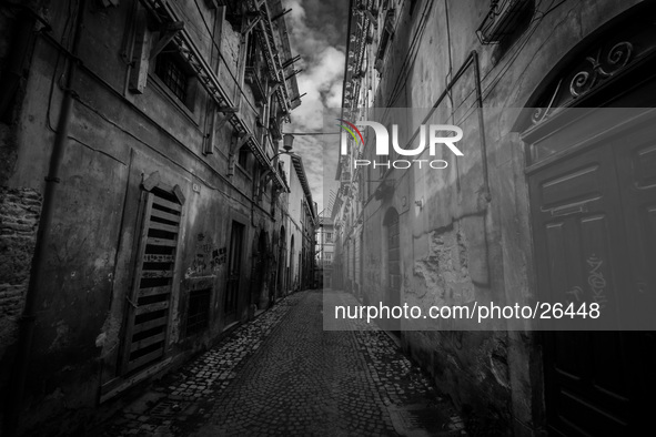 A street in the historic center of L'Aquila, severely damaged after the earthquake of April 6, 2009. 