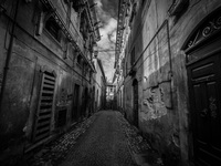 A street in the historic center of L'Aquila, severely damaged after the earthquake of April 6, 2009. (