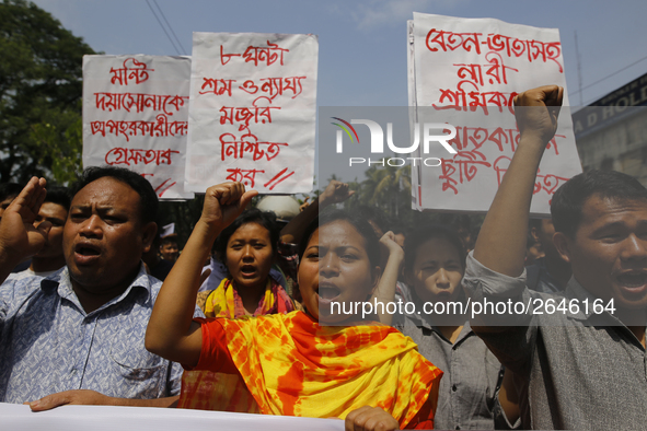 Bangladeshi workers shout slogans as they attend a May Day protest rally in Dhaka, Bangladesh on May 01, 2018. Thousands of workers of sever...