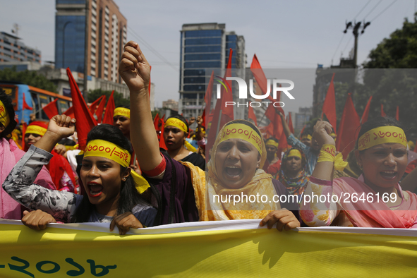 Bangladeshi workers shout slogans as they attend a May Day protest rally in Dhaka, Bangladesh on May 01, 2018. Thousands of workers of sever...