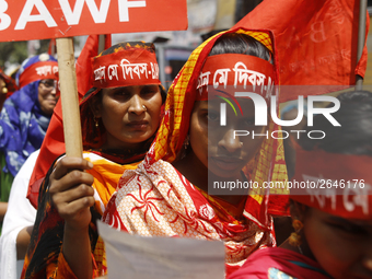 Bangladeshi garment workers take part in a May Day protest rally in Dhaka, Bangladesh on May 01, 2018. Thousands of workers of several occup...