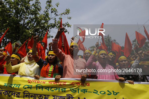 Bangladeshi workers shout slogans as they attend a May Day protest rally in Dhaka, Bangladesh on May 01, 2018. Thousands of workers of sever...