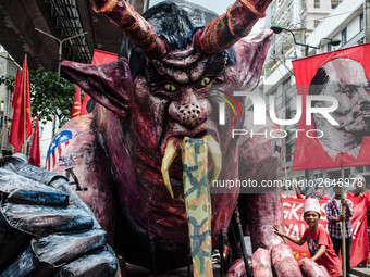 For the 2018 Labor Day Protest, the makers of the effigy portrayed President Rodrigo Duterte as a monster with horns, fangs, long tongue, an...