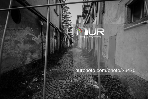 A street in the historic center of L'Aquila, severely damaged after the earthquake of April 6, 2009. 