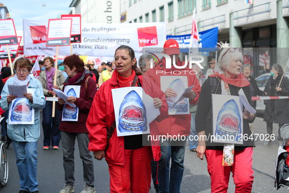 Women singing against 'profitsharks in the care sector'. Several thousands followed the invitation of the trade unions such as IG Metall, Ve...