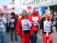 Women singing against 'profitsharks in the care sector'. Several thousands followed the invitation of the trade unions such as IG Metall, Ve...