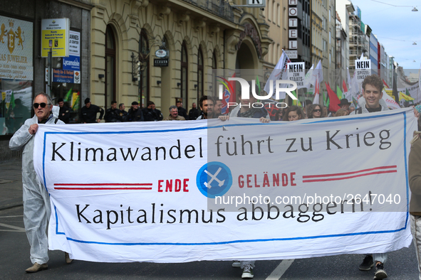 Activists of Ende Gelaende with a banner against Capitalism, climate change and war. Several thousands followed the invitation of the trade...