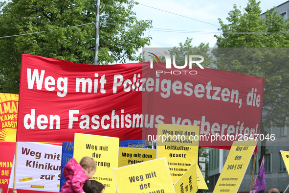 Banner against the Polizeiaufgabengesetz and Fascism. Several thousands followed the invitation of the trade unions such as IG Metall, Verdi...