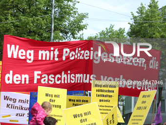 Banner against the Polizeiaufgabengesetz and Fascism. Several thousands followed the invitation of the trade unions such as IG Metall, Verdi...