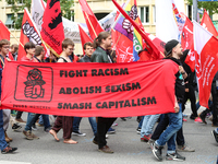 The youth organisation of the governing Social Democratic Party of Germany (SPD) JuSo with a banner against Racism, Sexism, and capitalism....