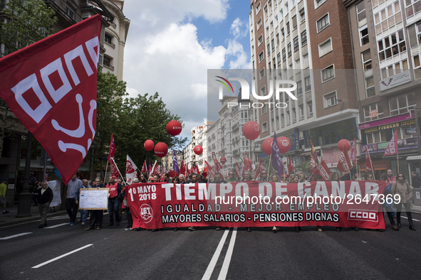 Manifestation of May 1 called by the major unions to commemorate the day of work in Santander, Spain, on 1st May 2018.  International Labor...