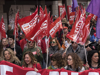 Women claim their rights and equality at work, and a large majority participate in the demonstration of international labor day in Santander...