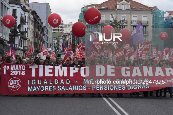 The banner that heads the demonstration of May 1, called by unions under the motto "time to win" in Santander, Spain, on 1st May 2018.  Inte...