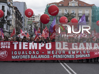 The banner that heads the demonstration of May 1, called by unions under the motto "time to win" in Santander, Spain, on 1st May 2018.  Inte...