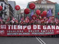 The banner that heads the demonstration of May 1, called by unions under the motto "time to win" in Santander, Spain, on 1st May 2018.  Inte...