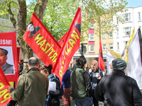 Partizan Flags at Mayday In London. International Workers Day in London kicked off with a march through Central London and ended in Trafalga...