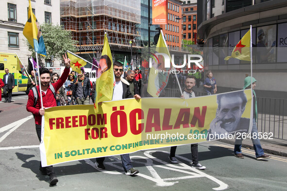 Kurdish Protesters at Mayday . International Workers Day in London kicked off with a march through Central London and ended in Trafalgar Squ...