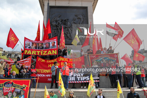 Mayday Marchers take over Trafalgar Square . International Workers Day in London kicked off with a march through Central London and ended in...