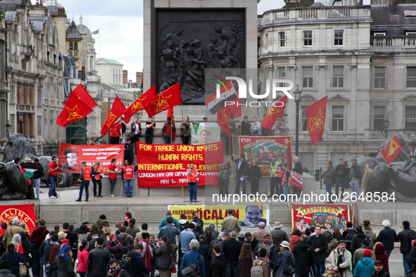 Mayday Marchers take over Trafalgar Square . International Workers Day in London kicked off with a march through Central London and ended in...