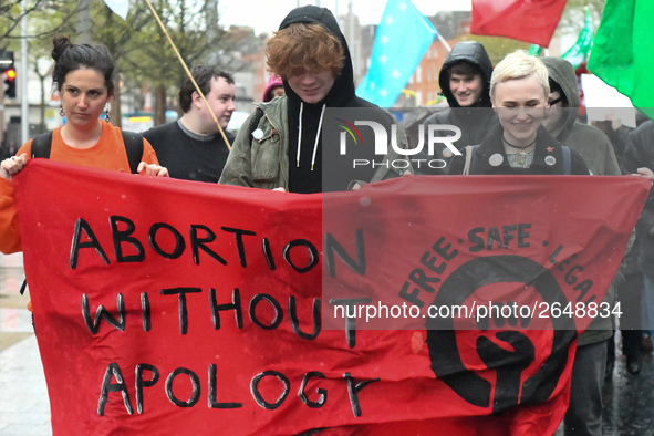 Activists carry 'Abortion Without Apology' banner during an annual May Day march for workers' rights.
On Tuesday, May 1, 2018, in Dublin, Ir...