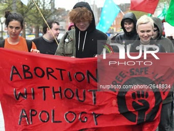 Activists carry 'Abortion Without Apology' banner during an annual May Day march for workers' rights.
On Tuesday, May 1, 2018, in Dublin, Ir...