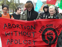 Activists carry 'Abortion Without Apology' banner during an annual May Day march for workers' rights.
On Tuesday, May 1, 2018, in Dublin, Ir...