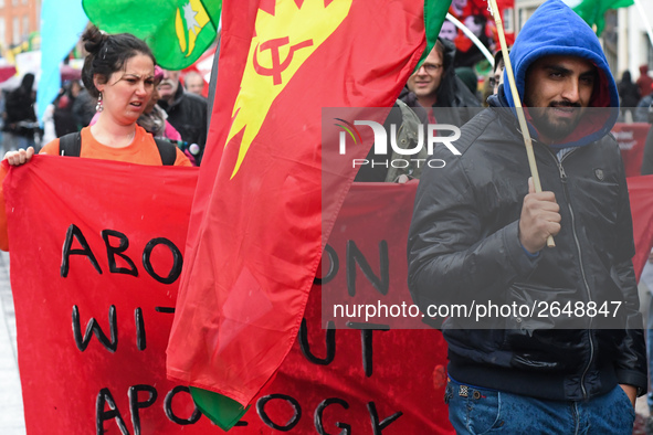 Activists carry 'Abortion Without Apology' banner during an annual May Day march for workers' rights.
On Tuesday, May 1, 2018, in Dublin, Ir...