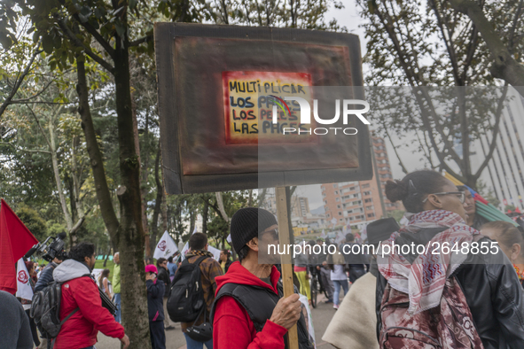 A Protestant marching on the day of work in the streets of Bogotá, Colombia, on May 1, 2018. 