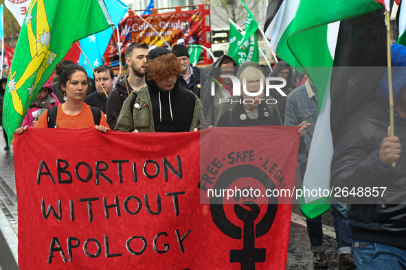 Activists carry 'Abortion Without Apology' banner during an annual May Day march for workers' rights.
On Tuesday, May 1, 2018, in Dublin, Ir...