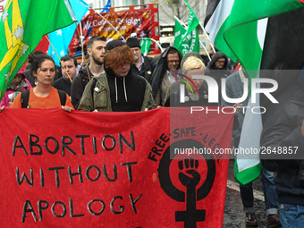 Activists carry 'Abortion Without Apology' banner during an annual May Day march for workers' rights.
On Tuesday, May 1, 2018, in Dublin, Ir...