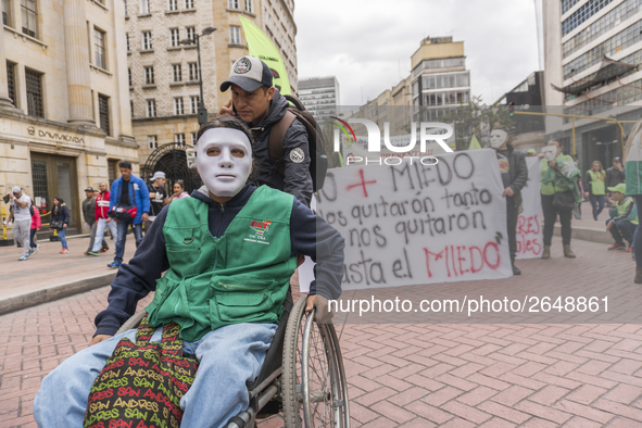 Protestants marching in the day of work in Bogotá, Colombia, on May 1, 2018. 