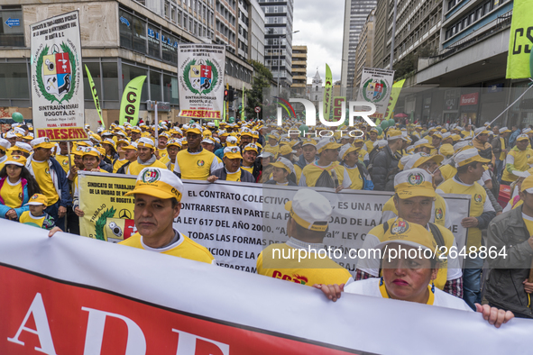 Protestants marching in the day of work in Bogotá, Colombia, on May 1, 2018. 