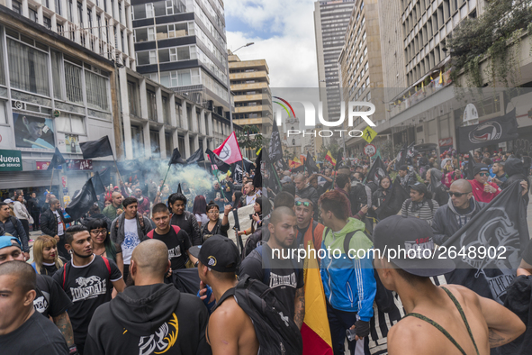 Protestants marching in the day of work in Bogotá, Colombia, on May 1, 2018. 