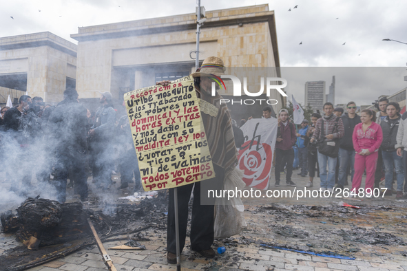 Protestants marching in the day of work in Bogotá, Colombia, on May 1, 2018. 