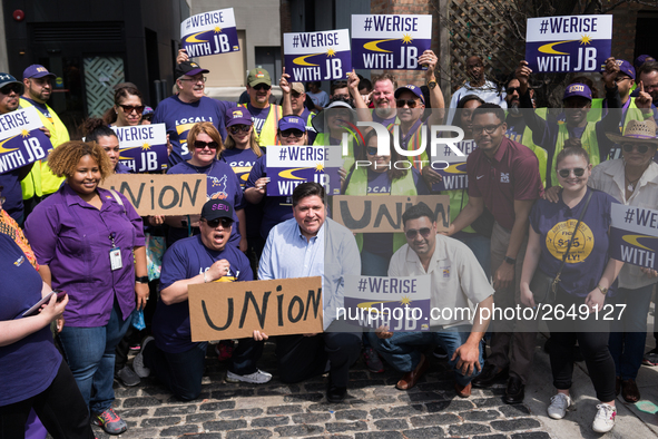 Illinois gubernatorial candidate JB Pritzker poses for a photo with union members on May Day, also known as International Workers’ Day, in C...