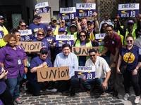 Illinois gubernatorial candidate JB Pritzker poses for a photo with union members on May Day, also known as International Workers’ Day, in C...