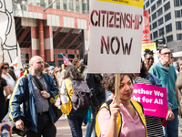 Demonstrators march towards Immigration and Customs Enforcement's (ICE) Chicago headquarters for May Day, also known as International Worker...