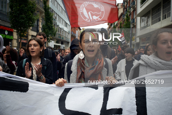 Students shout slogans against Macron's policies. Several sectors on strike called to a protest and a gathering in front of the Préfecture a...