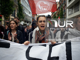 Students shout slogans against Macron's policies. Several sectors on strike called to a protest and a gathering in front of the Préfecture a...