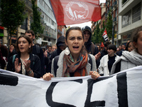 Students shout slogans against Macron's policies. Several sectors on strike called to a protest and a gathering in front of the Préfecture a...