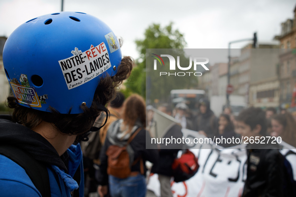 A demonstrator wears an helmet with a sticker reading 'Notre rêve des Landes'. Several sectors on strike called to a protest and a gathering...