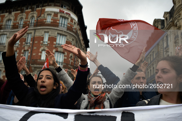 Students shout slogans against Macron's policies. Several sectors on strike called to a protest and a gathering in front of the Préfecture a...