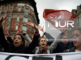 Students shout slogans against Macron's policies. Several sectors on strike called to a protest and a gathering in front of the Préfecture a...