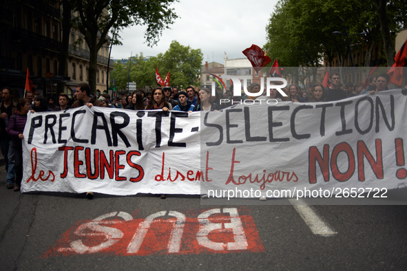 The main banner reads 'Precarity-Selection, it's still NO for the youngs'. Several sectors on strike called to a protest and a gathering in...