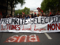 The main banner reads 'Precarity-Selection, it's still NO for the youngs'. Several sectors on strike called to a protest and a gathering in...