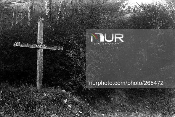 The first wooden cross along the Camino de Santiago de Compostela, in Las Vantas, France, on November 2004  