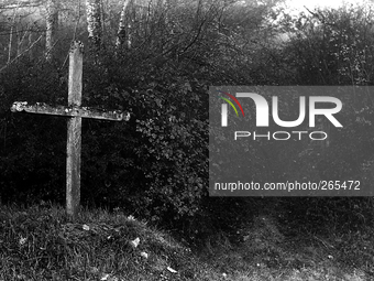 The first wooden cross along the Camino de Santiago de Compostela, in Las Vantas, France, on November 2004  (