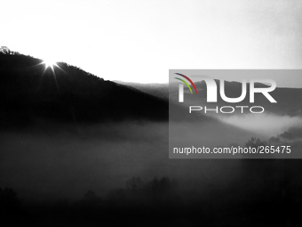 Sunrise in Pyrenees Mountains, near Vancarlos, Spain, on November 2004 (