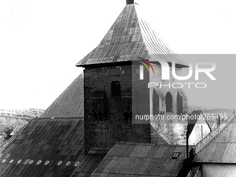 Bell tower of the Collegiate Church, in Roncesvalles, Spain, on November 2004 (